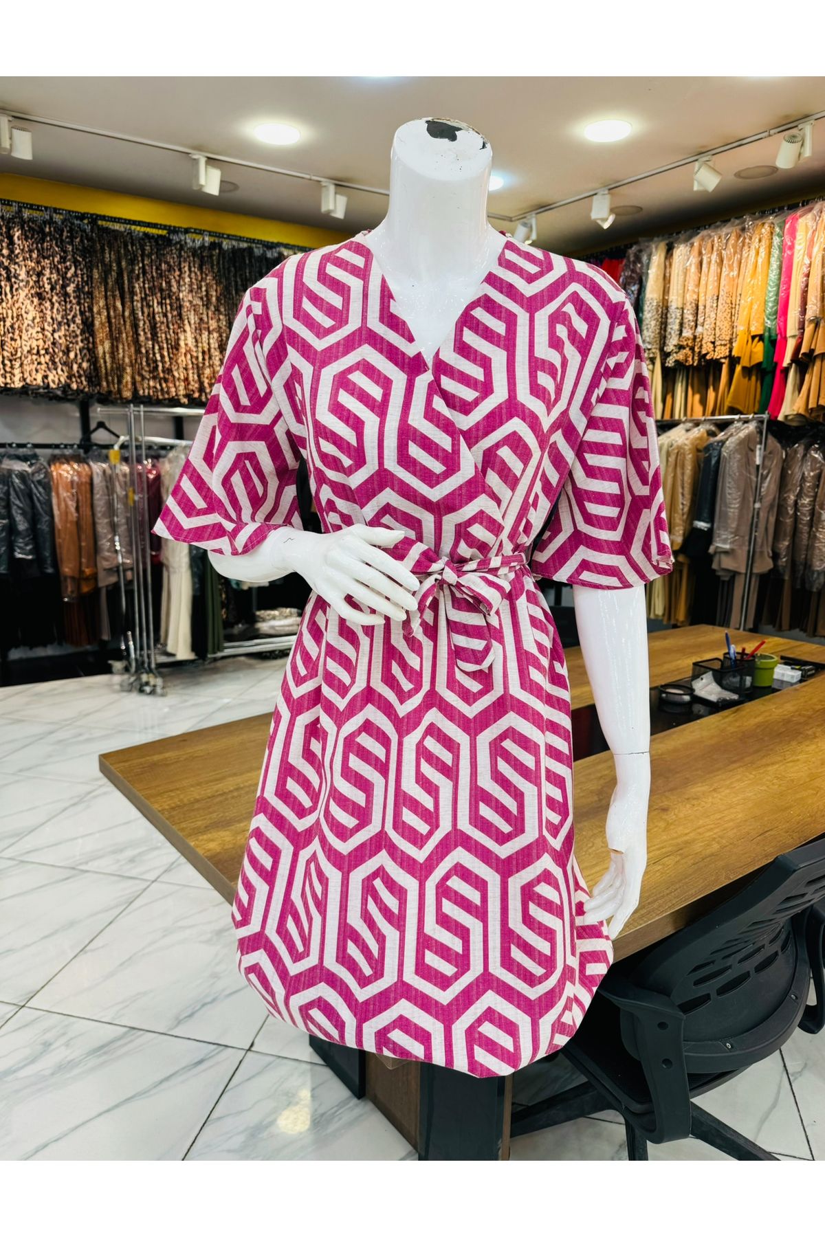 MC Boutique Desenli Keten Kısa Elbise®️