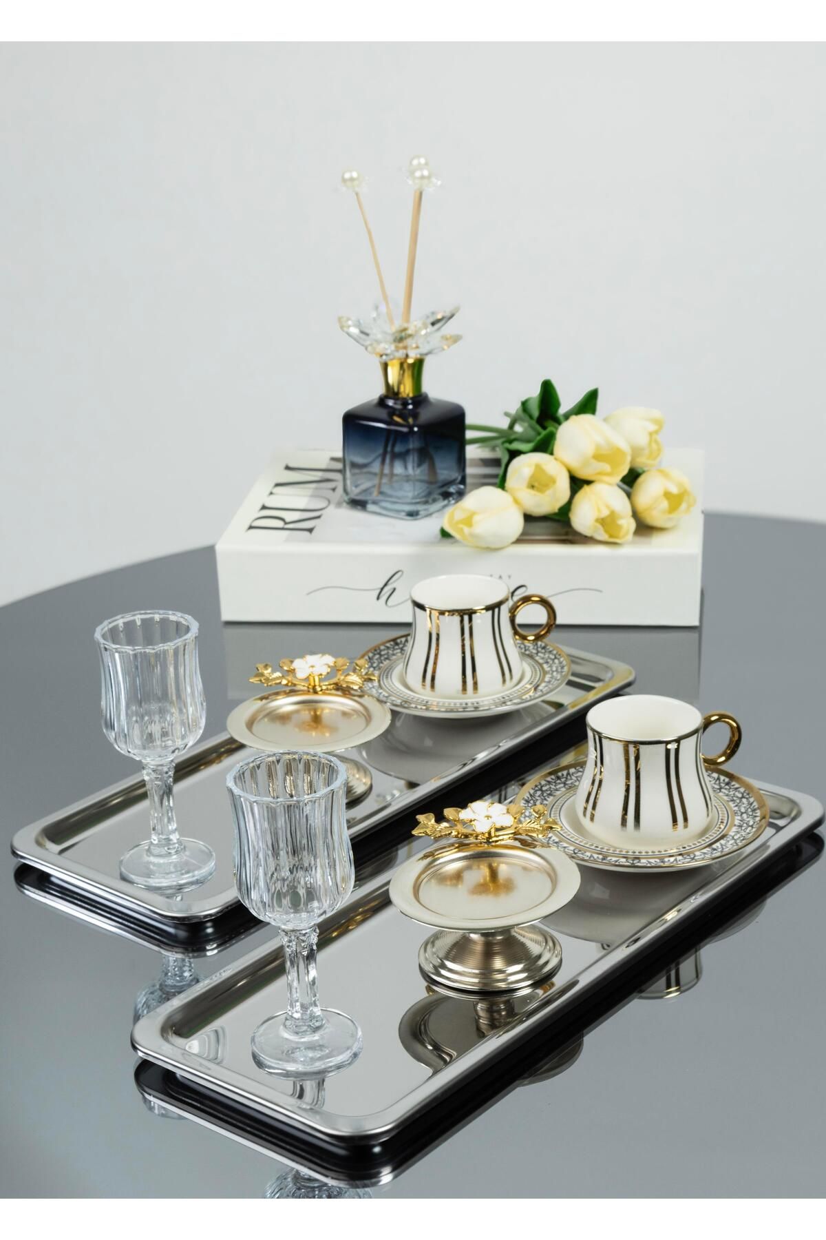 Yaren Style 2'li Lüks Paslanmaz Çelik Baton Tepsi Seti – Çay, Kahve, Pasta, Sunum ve Çeyiz İçin Dekoratif Servis