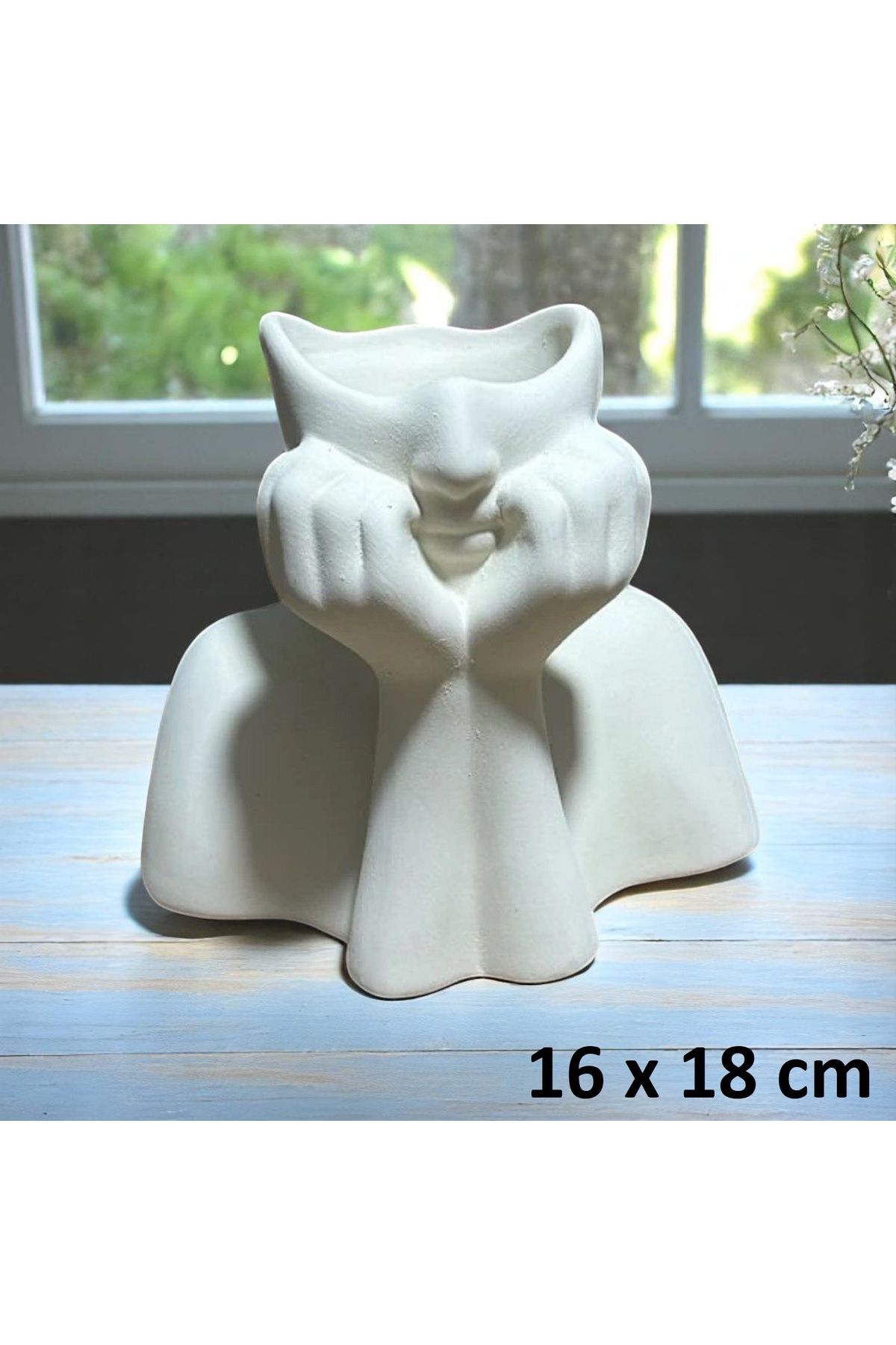 Mavi Dükkan Dekoratif Ham Seramik Soyut Yarım Yüz Vazo - Modern Tasarım - 16x18cm