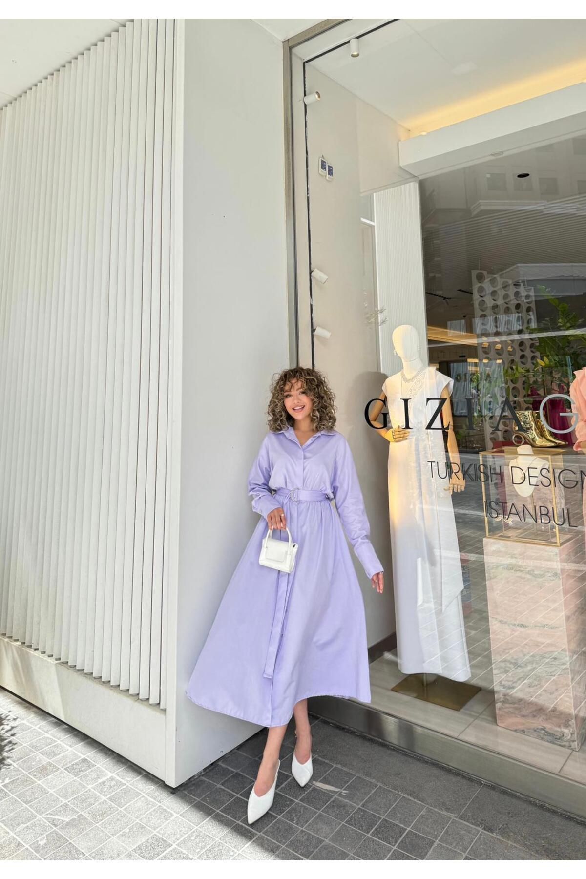 Hotfashion Uzun Kollu Kemerli Gömlek Elbise