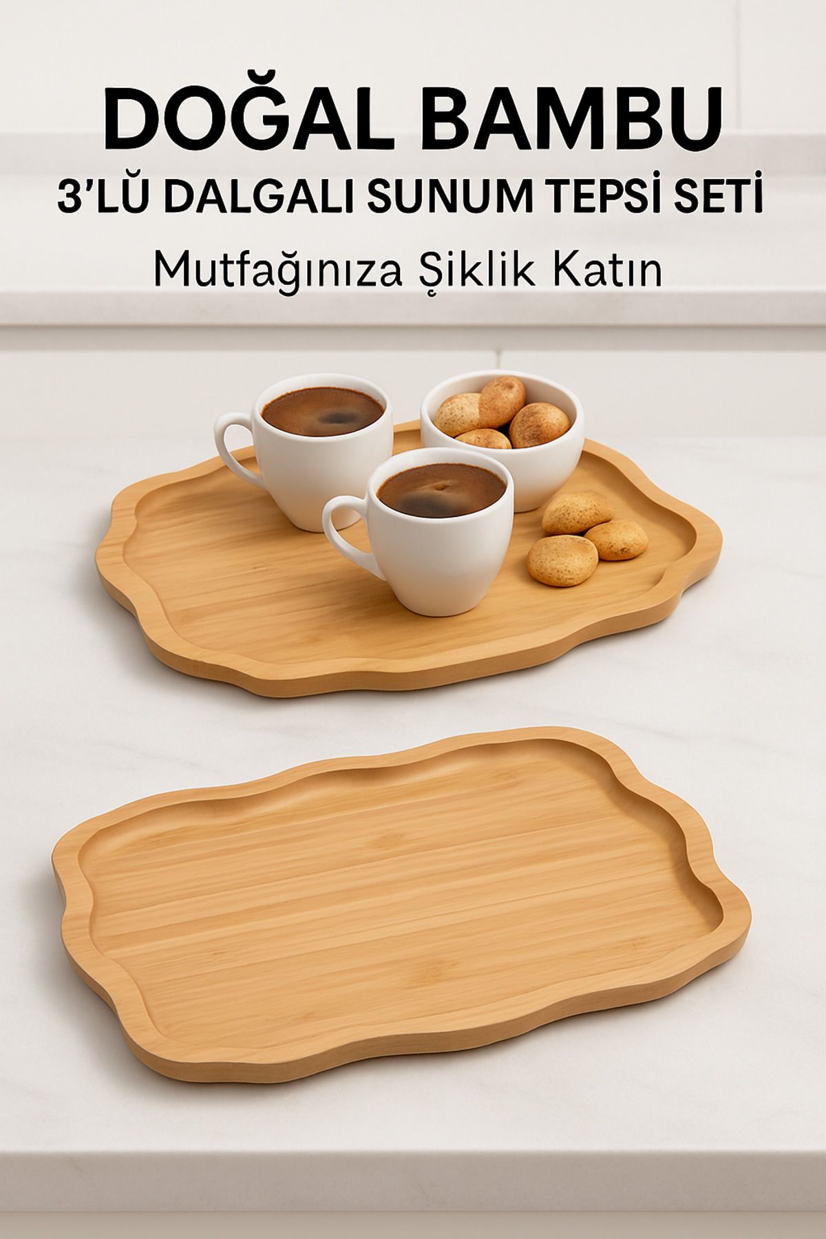 NAFA HOME Doğal Bambu 3’lü Dalgalı Kenarlı Sunum Tepsi Seti – Şık ve Çok Amaçlı