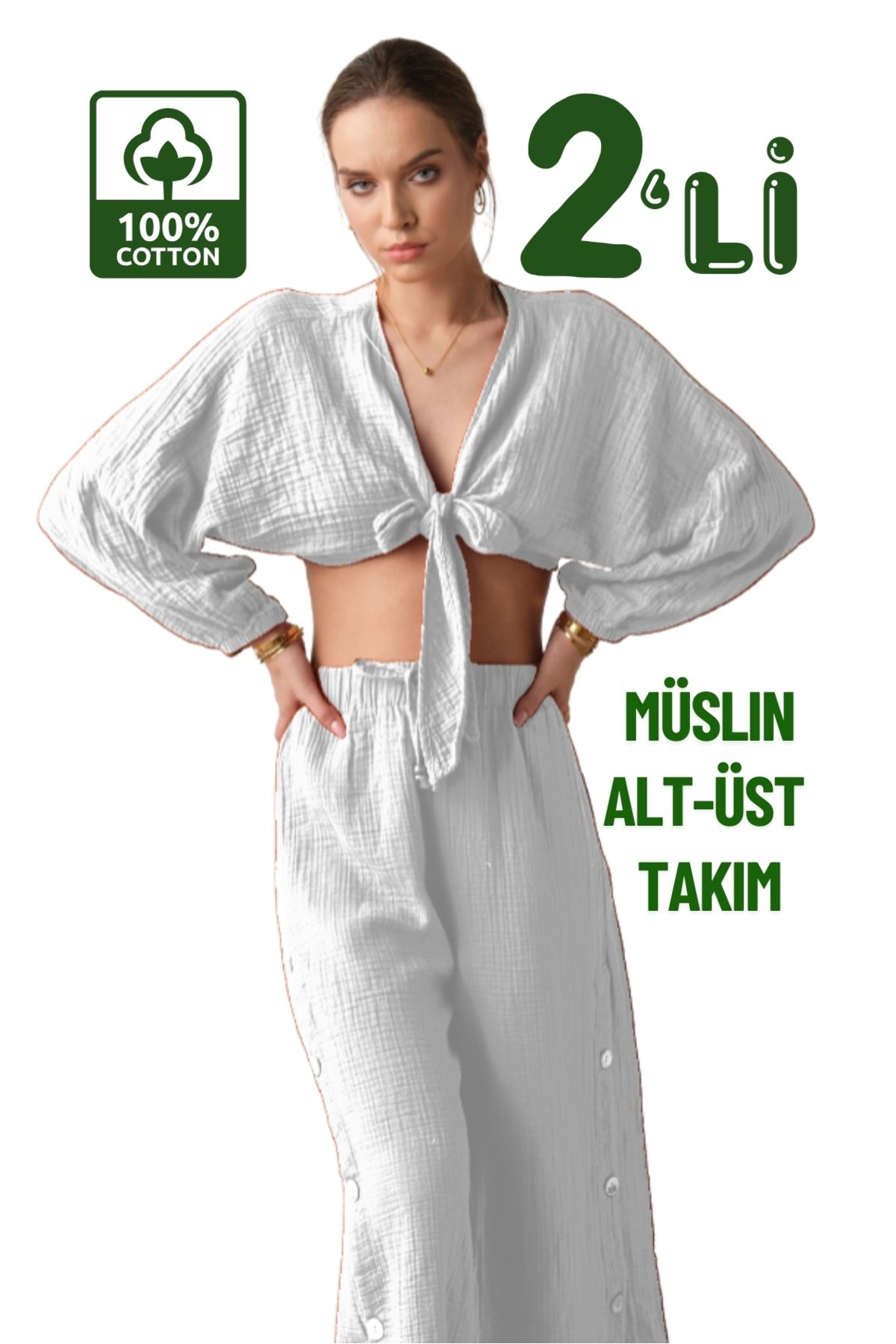 clavia Müslin Pantolon, Crop Büstiyer Alt-üst Yazlık İkili Takım, Rahat Kalıp Bol Paça Yüksel Bel Pantolon