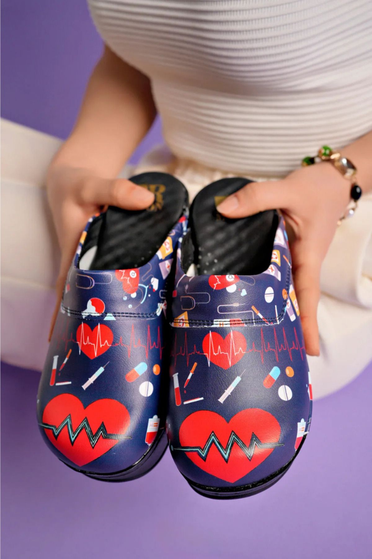 bellaista Kalp Ritmi Desenli Airmax Taban Hakiki Deri Sabo Terlik