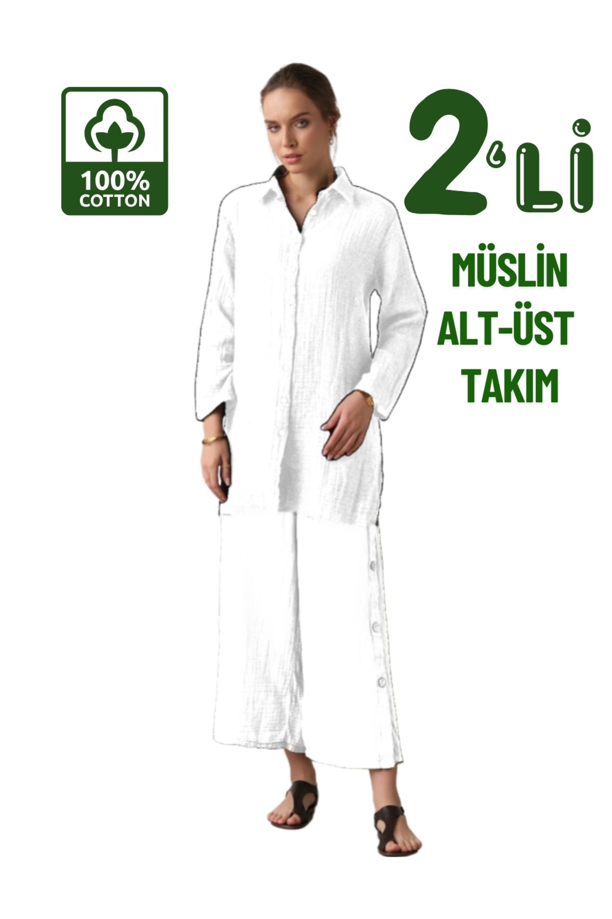 clavia Tesettür ikili takım, Uzun Gömlek, Rahat Pantolon, Müslin Tesettür Takım Beyaz