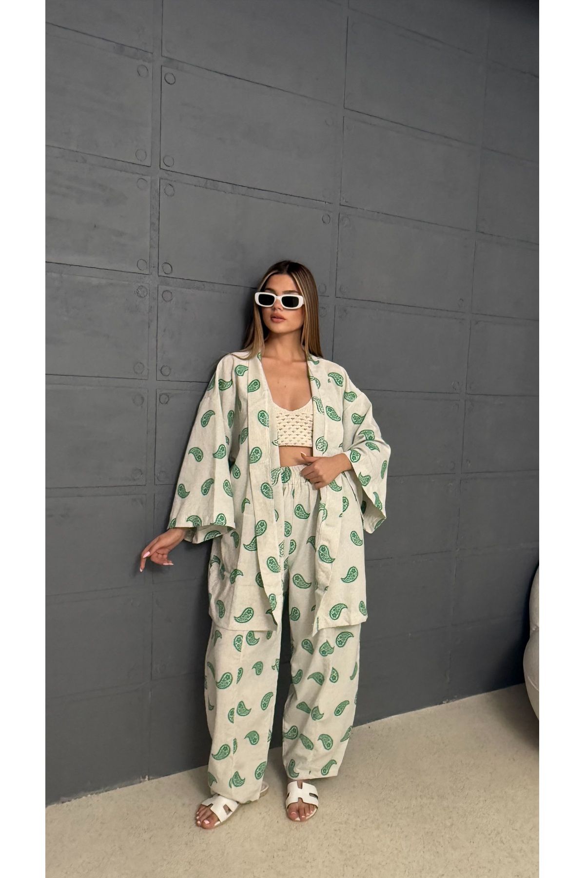 MIZUKI Kadın Desenli Keten Kimono Takım – Yazlık Rahat Kesim 2’li Set (Kimono + Pantolon/Şort)