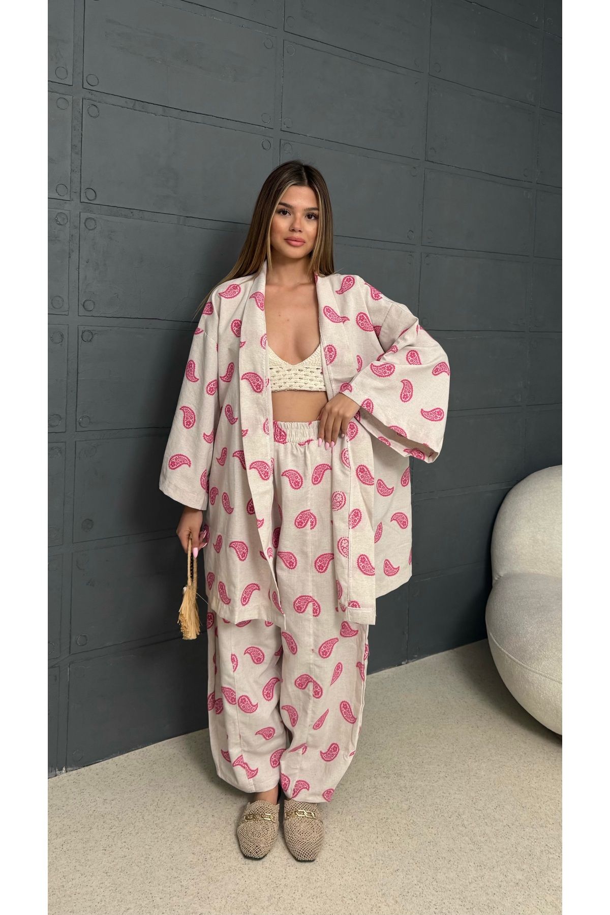 MIZUKI Kadın Desenli Keten Kimono Takım – Yazlık Rahat Kesim 2’li Set (Kimono + Pantolon/Şort)