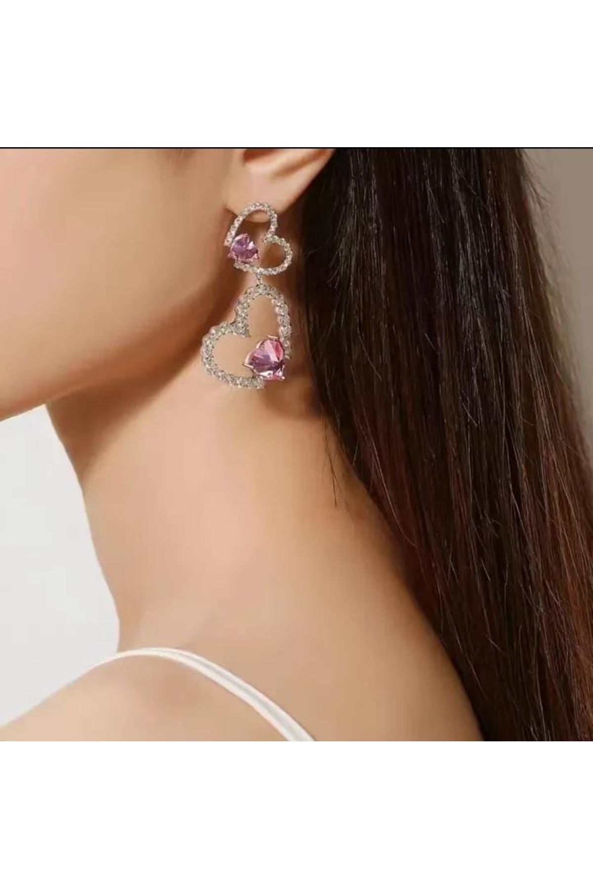 Ümaks Silvers Kalpli Zirkon Taşlı Kadın Küpe Pembe Taşlı Işıltılı Gümüş Renk Küpe