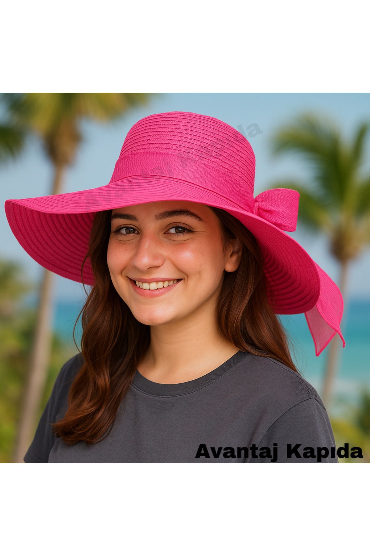 Avantaj Kapıda Fuşya Geniş Siperli Yazlık Kadın Plaj Şapkası | Fiyonklu | Güneş Koruyucu