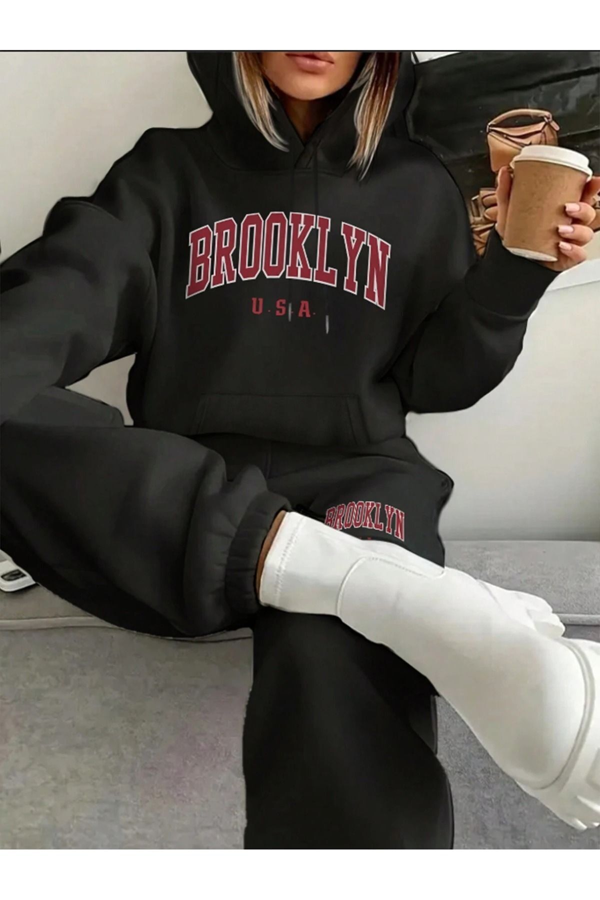 FoxSkin Sportswear&Company Brooklyn U.S.A Sweatshirt Eşofman Altı Jogger - Siyah Baskılı Alt Üst Eşofman Takımı Kapüşonlu