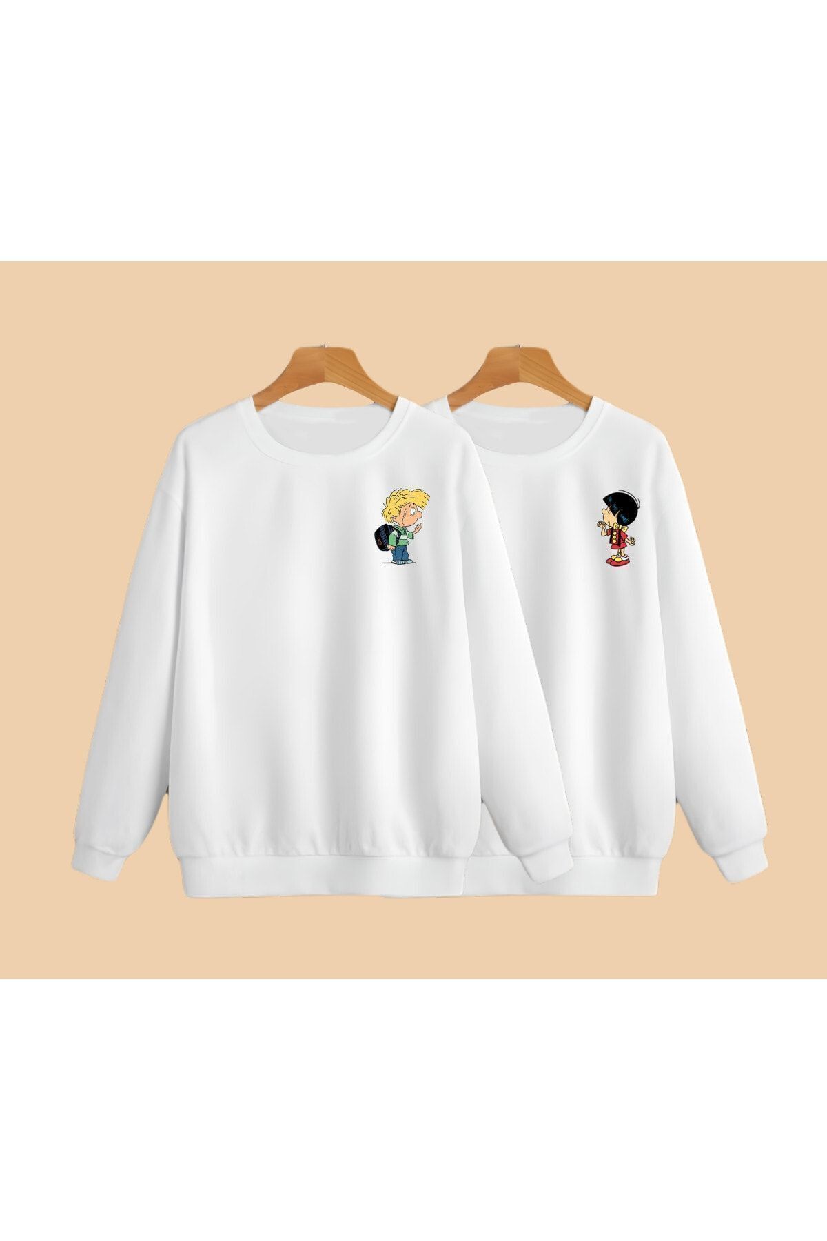 FoxSkin Sportswear&Company 2'Li Cedric Chen Sevgili Kombin Sweatshirt - Beyaz Baskılı Oversize Şardonlu Bisiklet Yaka