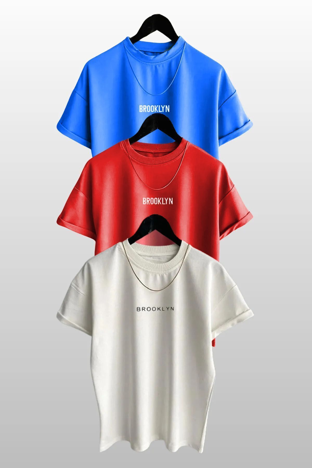 FoxSkin Sportswear&Company 3'lü Brooklyn Tişört - Beyaz Kırmızı Sax Mavi Baskılı Oversize Yazlık T-Shirt Bisiklet Yaka