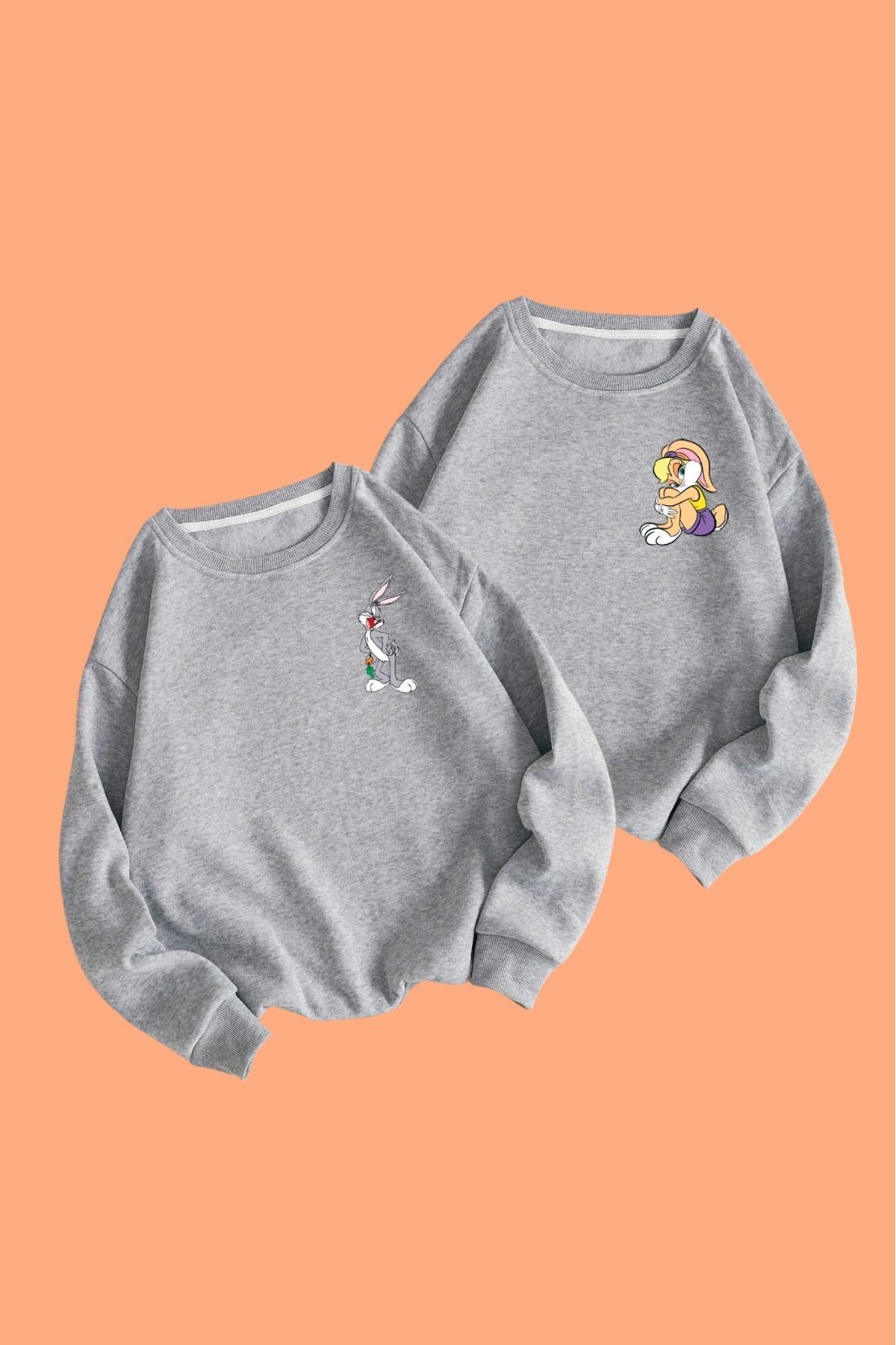 FoxSkin Sportswear&Company 2'Li Bugs Bunny Lola Sevgili Kombin Sweatshirt - Gri Baskılı Oversize Şardonlu Bisiklet Yaka
