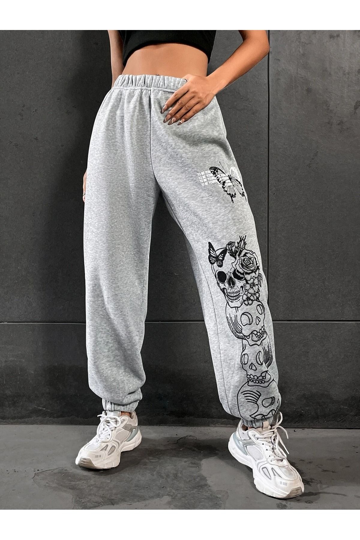 FoxSkin Sportswear&Company Kurukafa Kelebek Eşofman Altı Jogger - Gri Baskılı Lastik Paça Yüksek Bel Kışlık