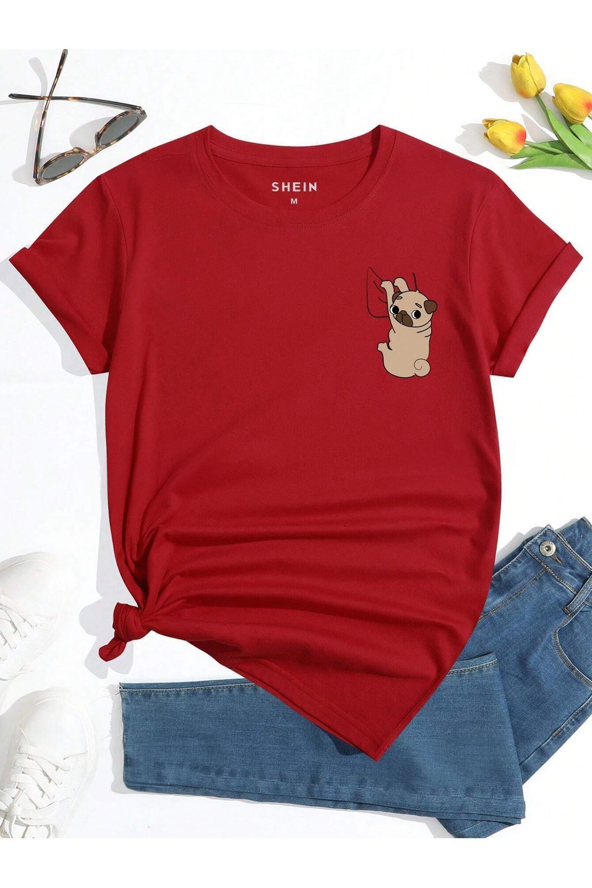 FoxSkin Sportswear&Company Köpek Cep Tişört - Kırmızı Baskılı Oversize Yazlık Kısa Kol T-Shirt Bisiklet Yaka