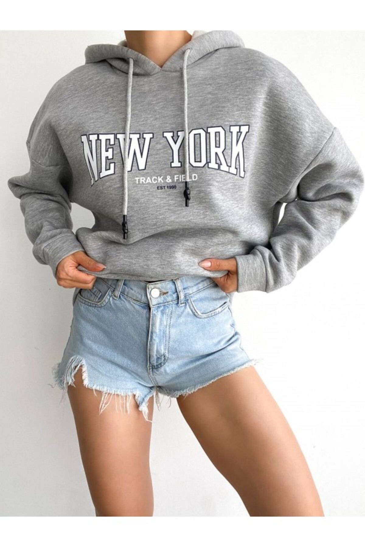 FoxSkin Sportswear&Company Unısex Gri New York Baskılı 3 Iplik Şardonlu Kapüşonlu Oversize Hoodie Sweatshirt
