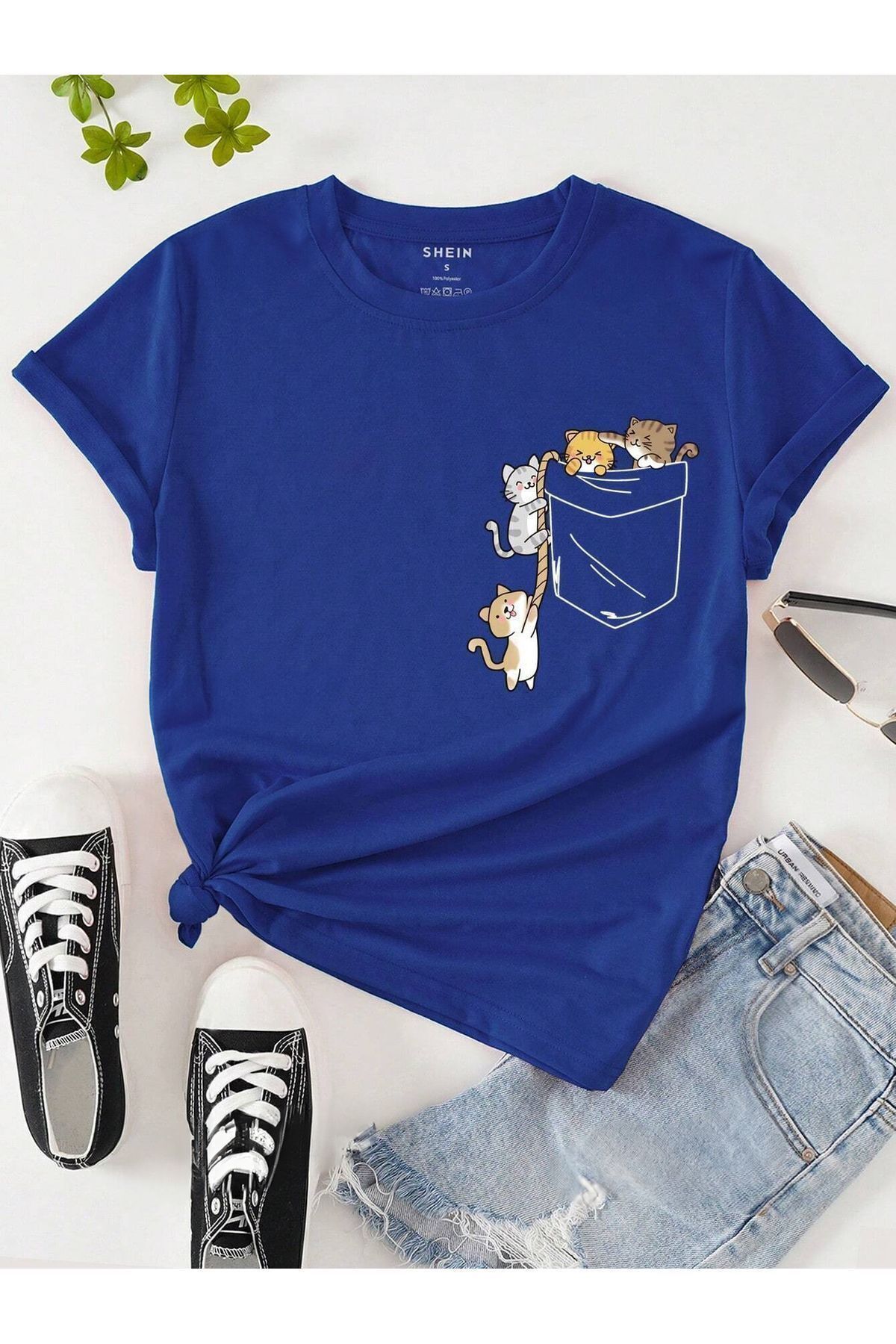 FoxSkin Sportswear&Company Halatlı Kediler Tişört - Sax Mavi Baskılı Oversize Yazlık Kısa Kol T-CCK1hirt Bisiklet Yaka