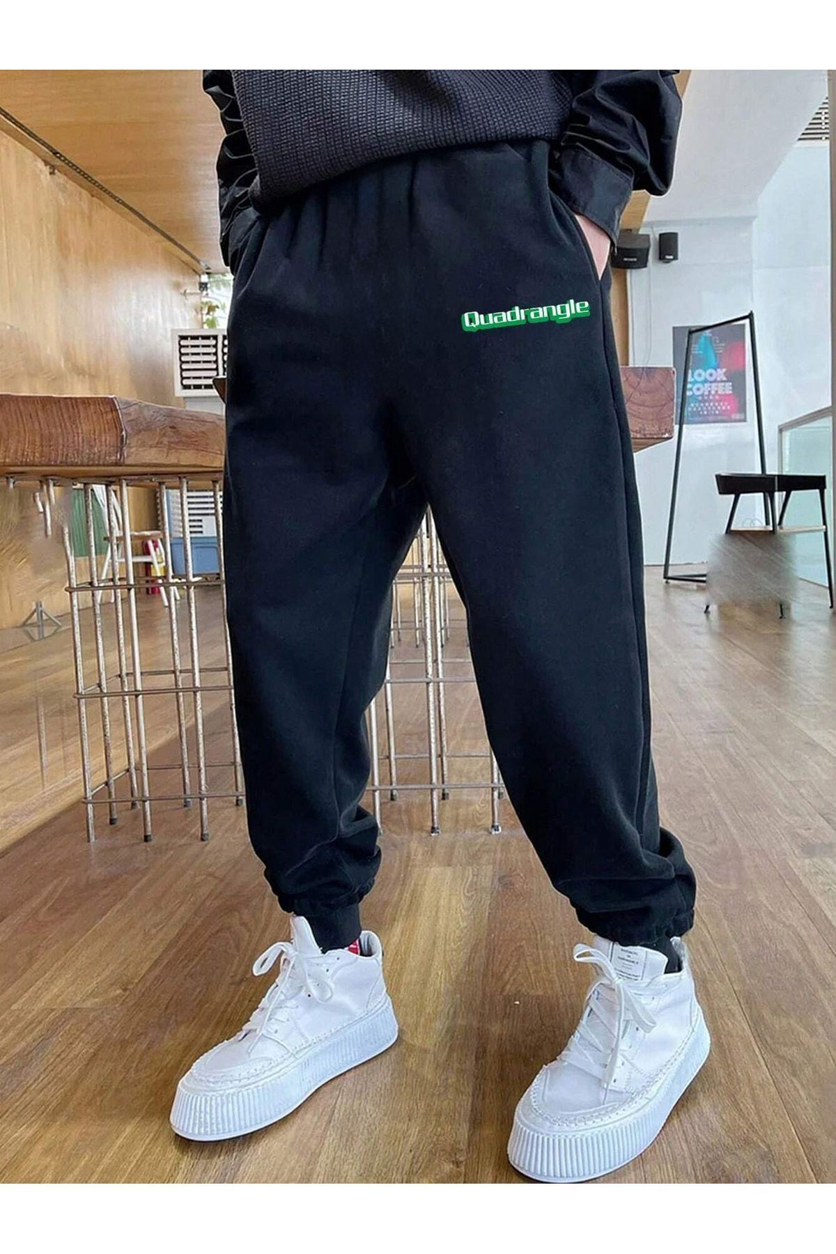FoxSkin Sportswear&Company Quadrangle Eşofman Altı Jogger - Siyah Baskılı Lastik Paça Yüksek Bel Kışlık