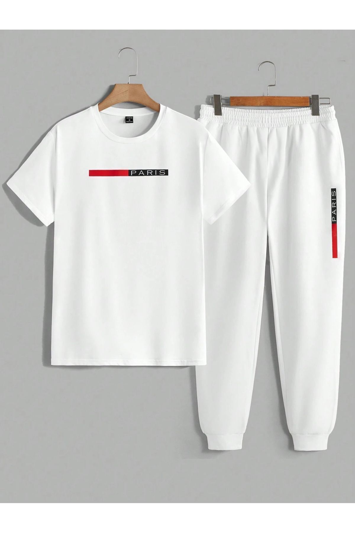 FoxSkin Sportswear&Company Çizgi Paris T-Shirt Eşofman Altı Jogger - Beyaz Baskılı Eşofman Takımı Bisiklet Yaka