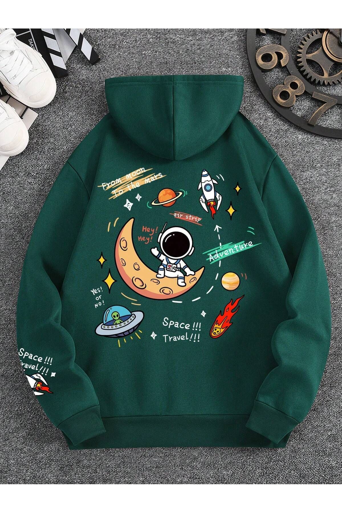 FoxSkin Sportswear&Company Space Travel Kalın Kışlık Sweatshirt - Nefti Yeşil Baskılı Oversize Şardonlu Cepli Kapüşonlu