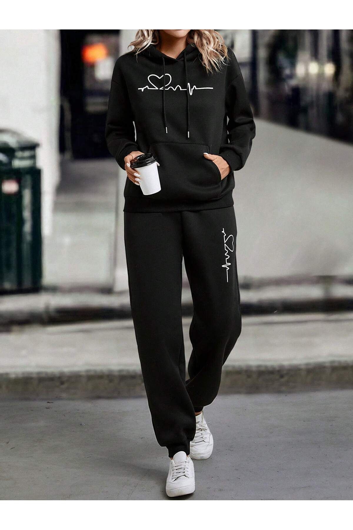 FoxSkin Sportswear&Company Kalp Ritim Baskılı Oversize Alt Üst Eşofman Takımı Lastik Paça