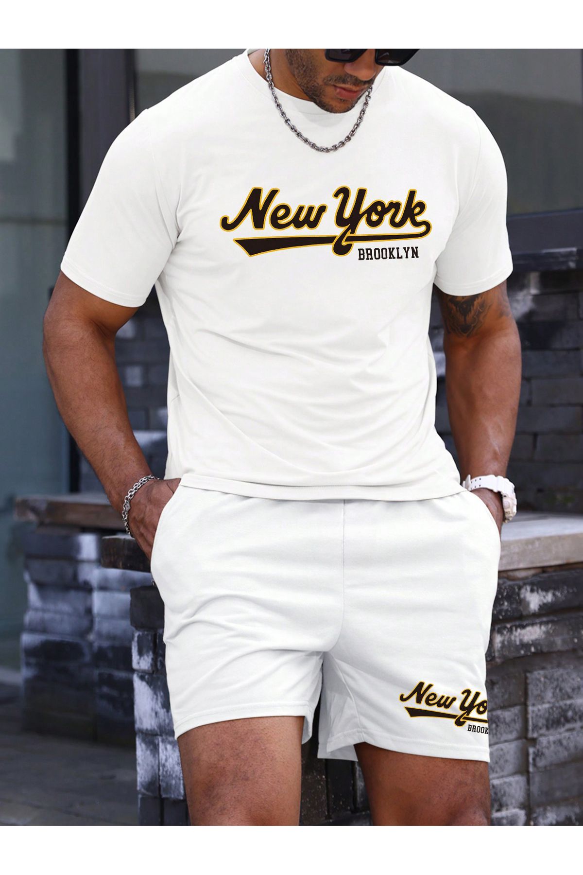FoxSkin Sportswear&Company New York Brooklyn T-Shirt Şort - Beyaz Alt Üst Takım Şort Tişört Kombin Baskılı Bisiklet Yaka