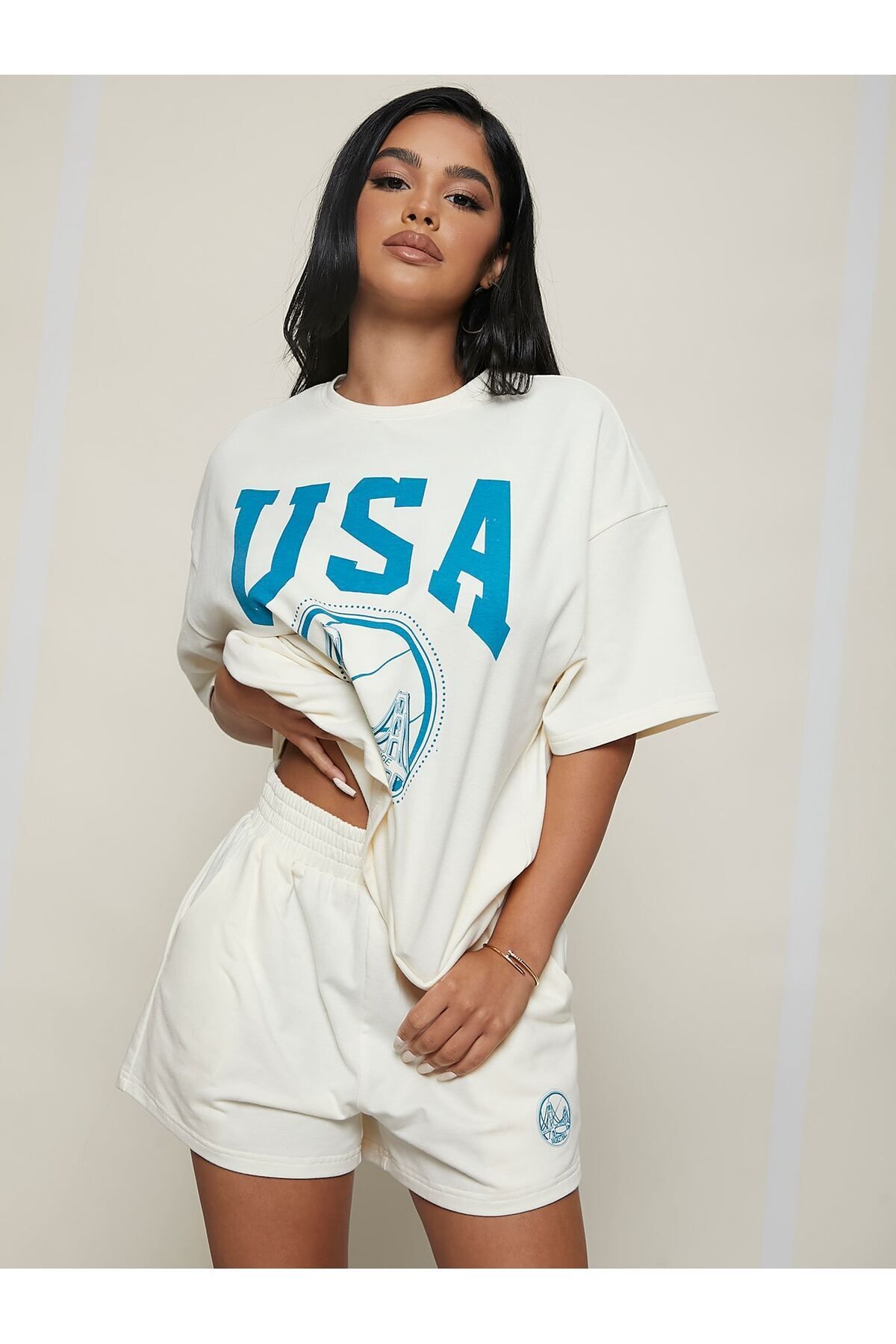 FoxSkin Sportswear&Company Usa Bridge T-Shirt Şort - Beyaz Alt Üst Takım Şort Tişört Kombin Baskılı Bisiklet Yaka