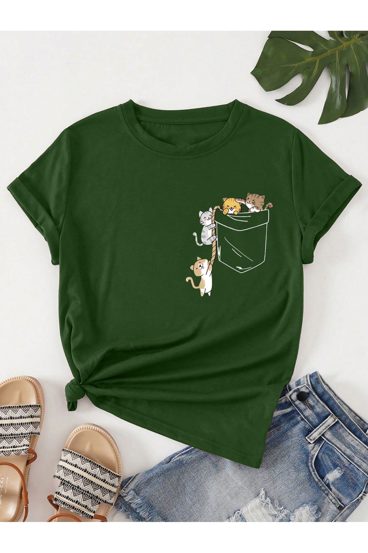 FoxSkin Sportswear&Company Halatlı Kediler Tişört - Nefti Yeşil Baskılı Oversize Yazlık Kısa Kol T-Shirt Bisiklet Yaka