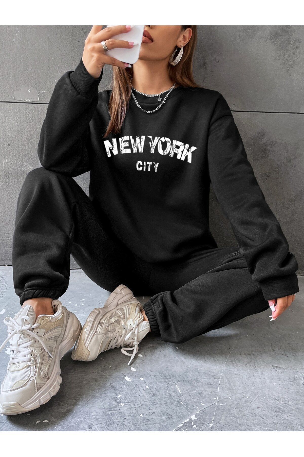 FoxSkin Sportswear&Company New York City Baskılı Oversize Alt Üst Eşofman Takımı Lastik Paça
