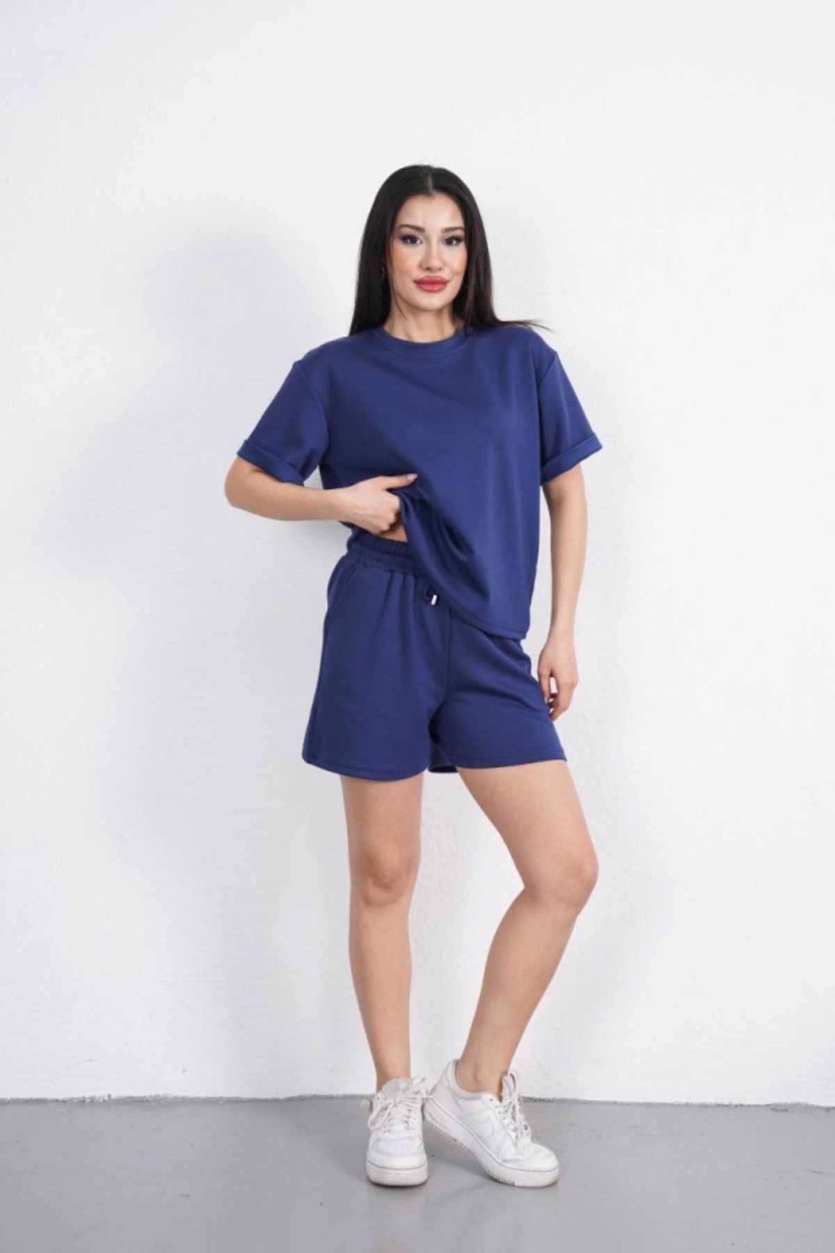 ASFSTORE Yumuşak Dokulu Kumaş Bisiklet Yaka T-shirt Kısa Şort İkili Takım - Mavi