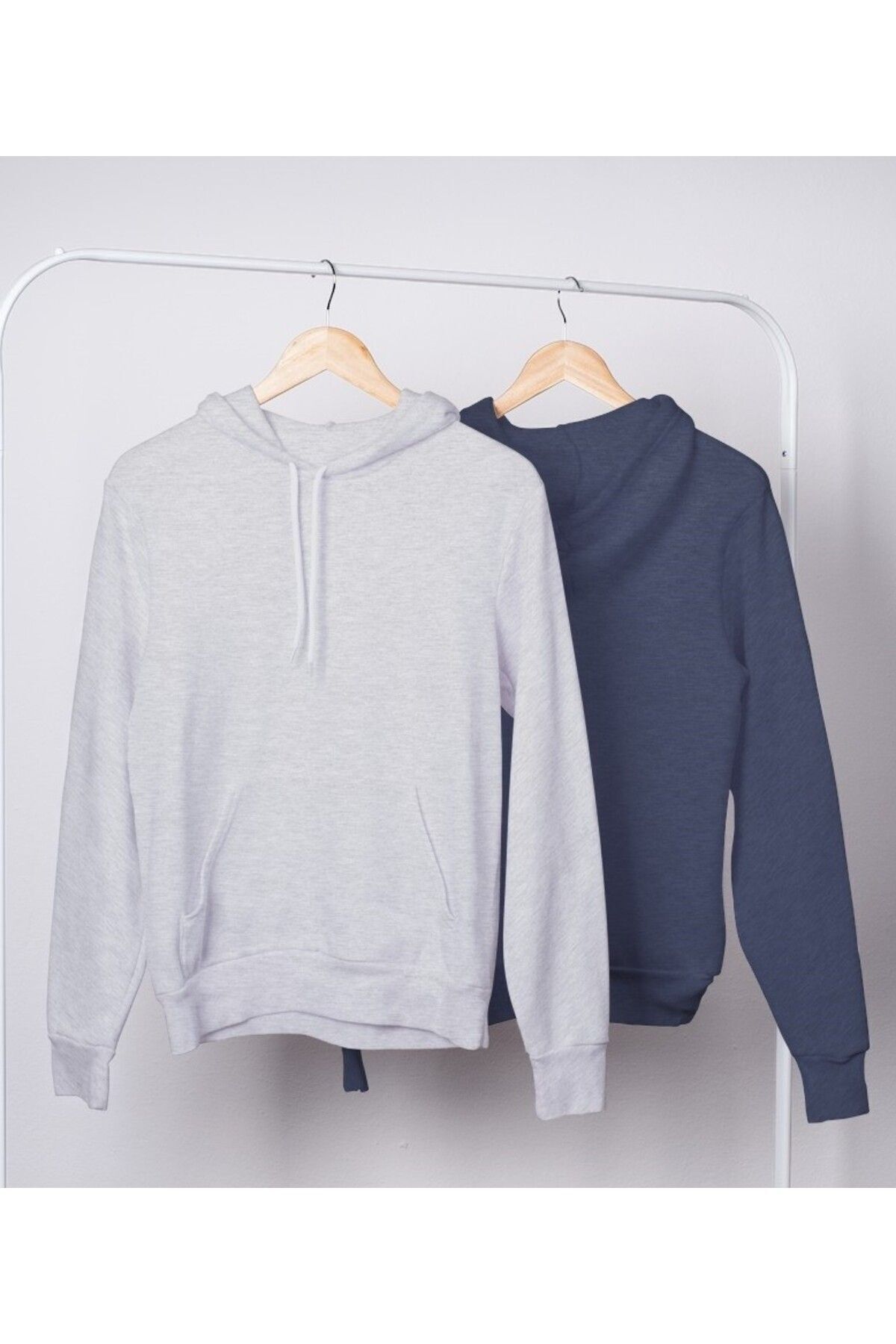 FoxSkin Sportswear&Company 2'Li Hoodie - İndigo Gri Baskısız Kışlık Oversize Kapüşonlu Cep Detaylı Hoodie