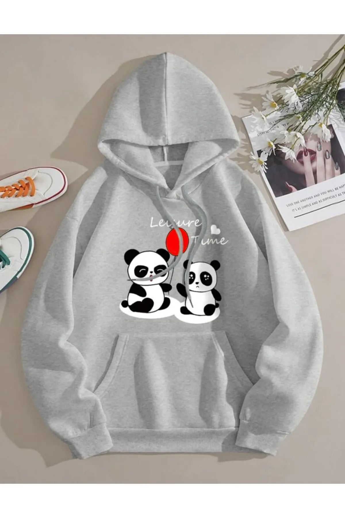 FoxSkin Sportswear&Company Unisex Panda Baskılı Kapüşonlu Oversıze Sweatshirt Hoodie