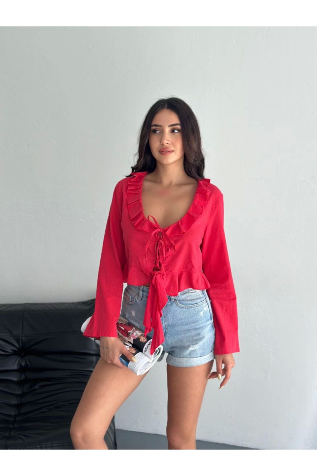 Arben Boutique Keten Uzun Kol Bağacık Detaylı Bluz - Kırmızı