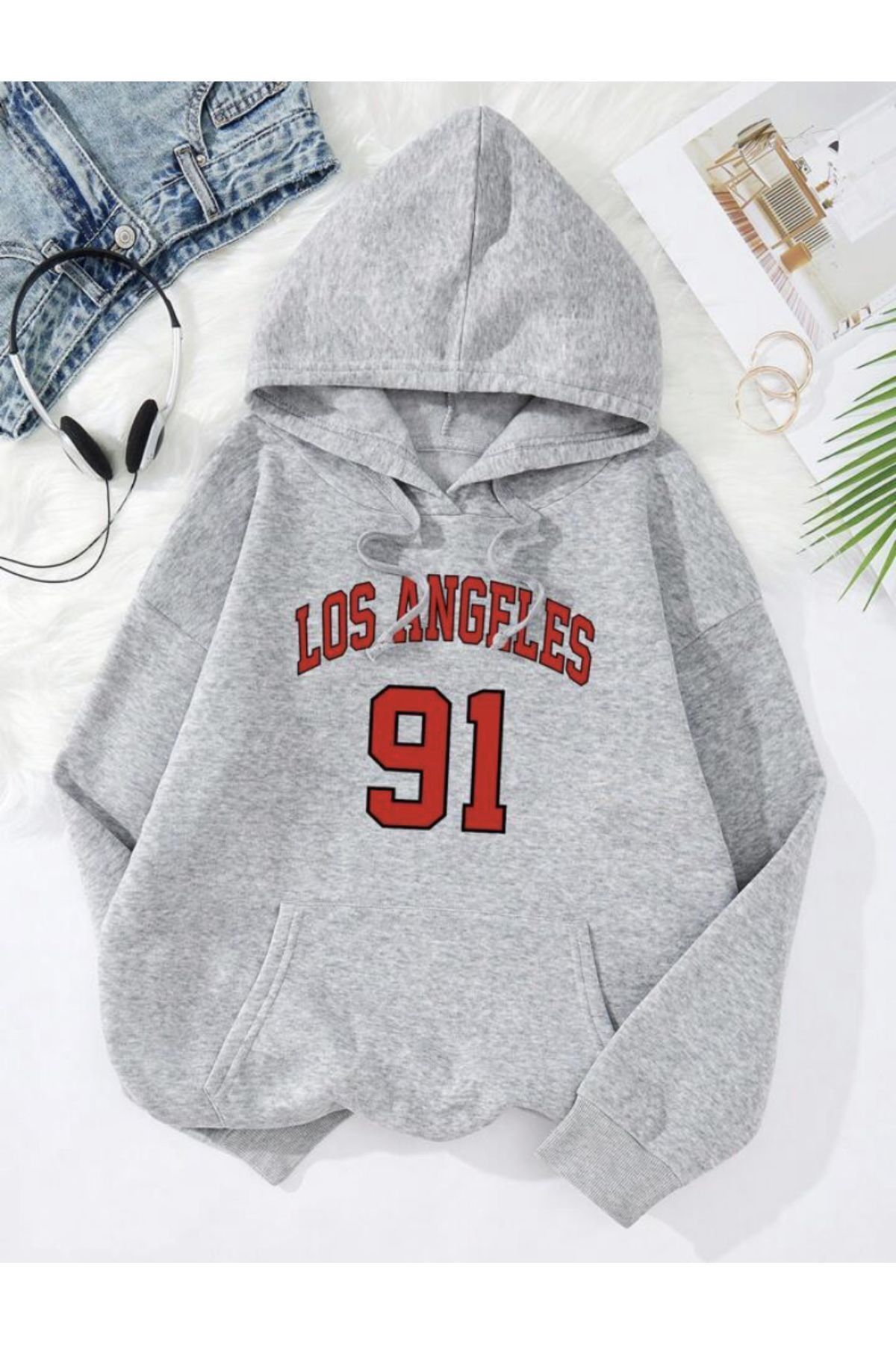 FoxSkin Sportswear&Company Unisex Los Angeles Kırmızı Baskılı Kapüşonlu Oversıze Sweatshirt Hoodie
