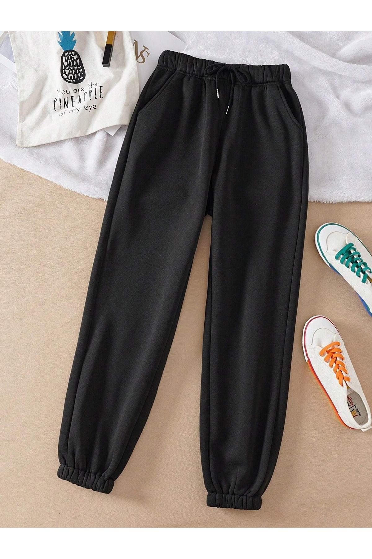 FoxSkin Sportswear&Company Baskısız Eşofman Altı Jogger - Siyah Lastik Paça Yüksek Bel Kışlık