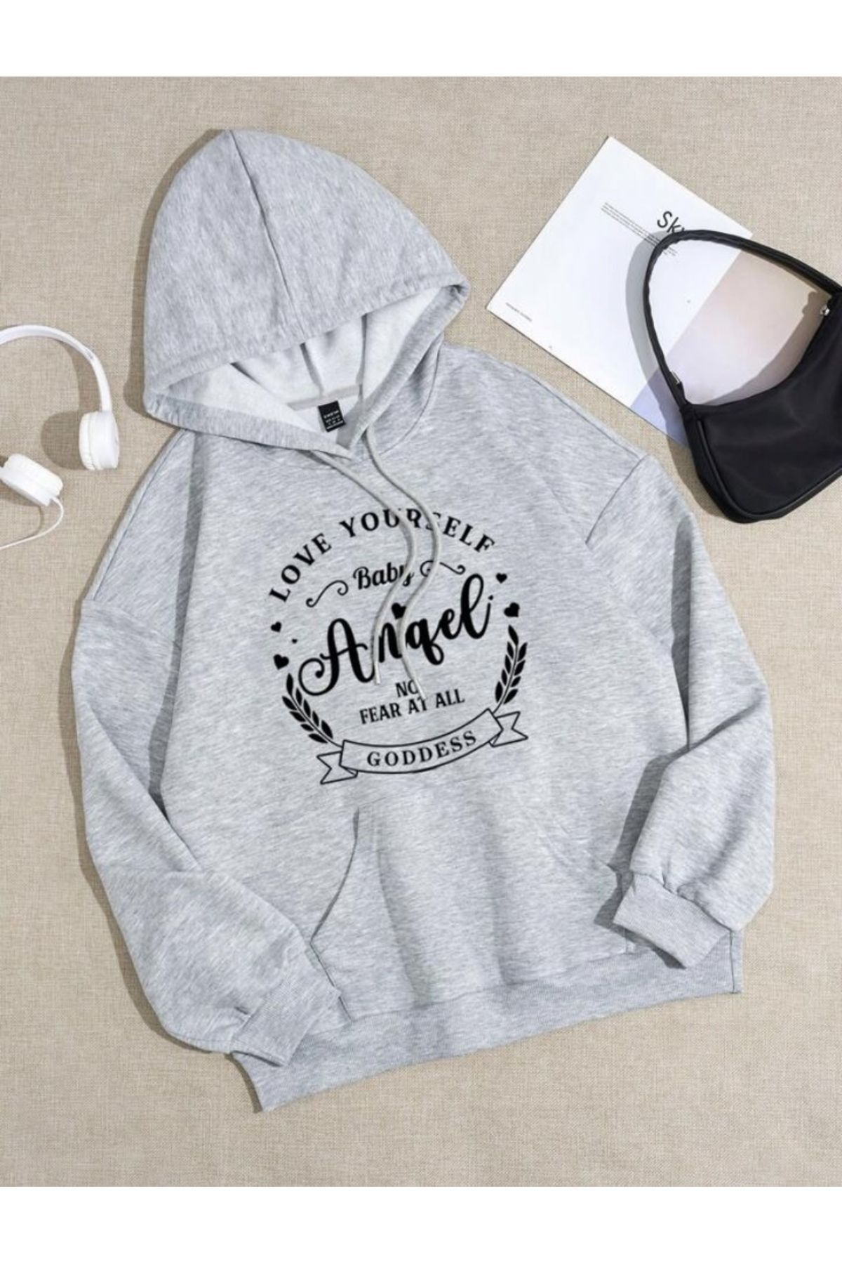 FoxSkin Sportswear&Company Unisex Angel Baskılı Kapüşonlu Oversıze Sweatshirt Hoodie