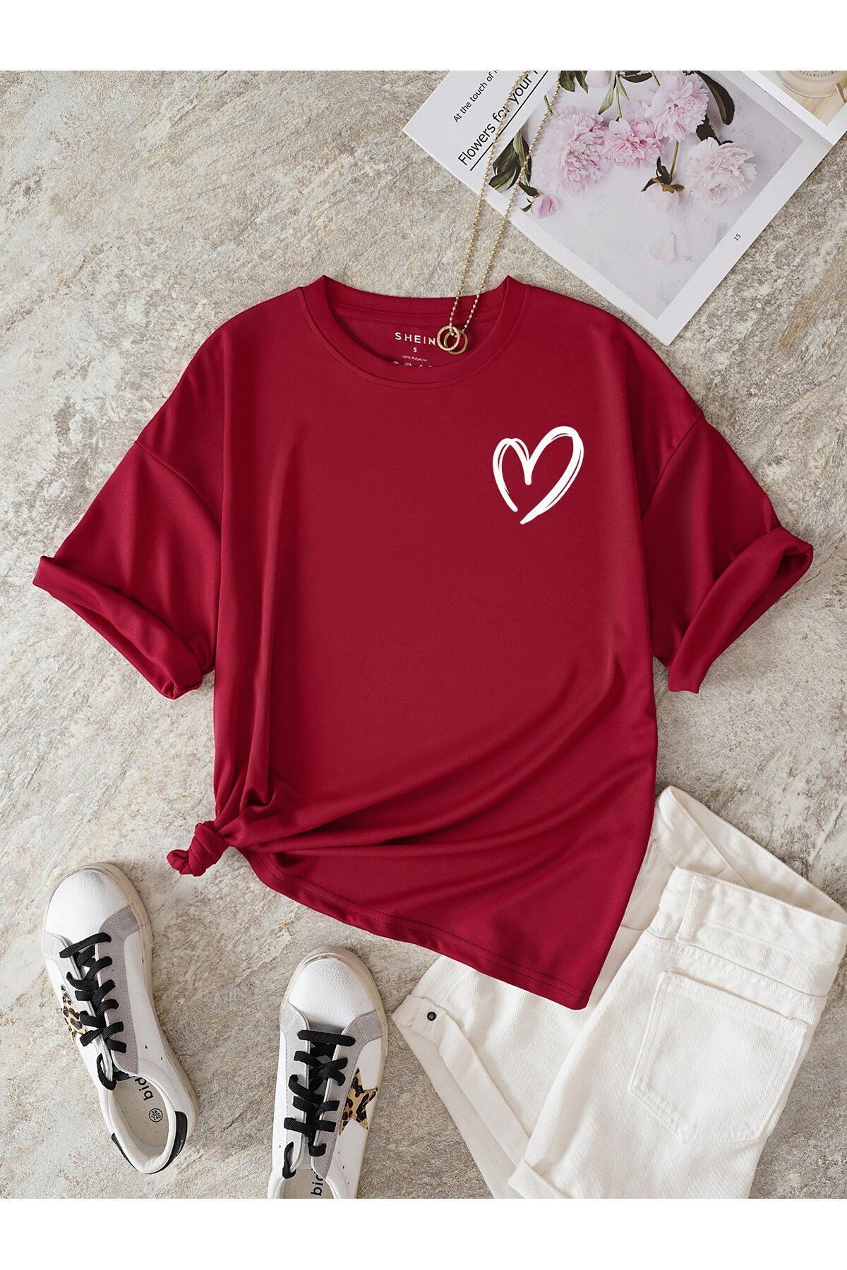 FoxSkin Sportswear&Company Kalp Şekil Tişört - Kırmızı Baskılı Oversize Yazlık Kısa Kol T-Shirt Bisiklet Yaka