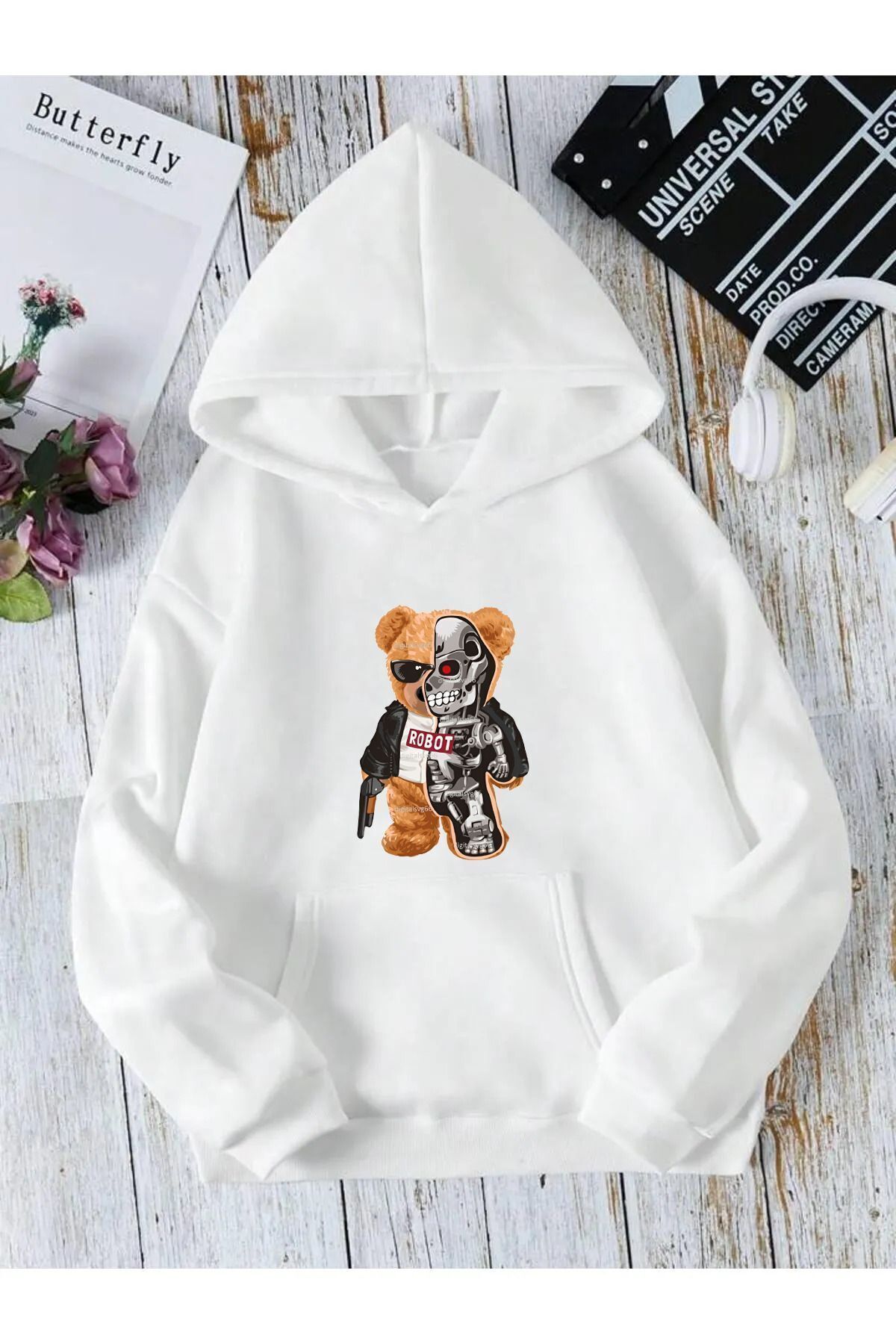 FoxSkin Sportswear&Company UNISEX ROBOT AYI Baskılı Kapüşonlu Oversıze Sweatshirt Hoodie