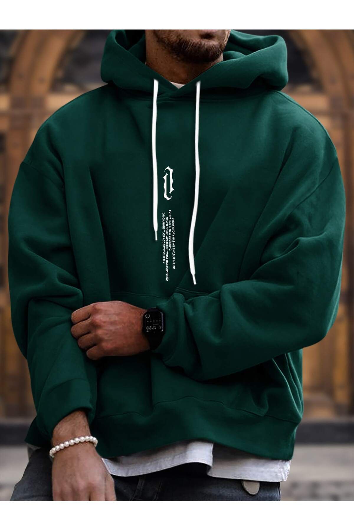 FoxSkin Sportswear&Company Dikey Sembol Kalın Kışlık Sweatshirt - Nefti Yeşil Baskılı Oversize Şardonlu Cepli Kapüşonlu