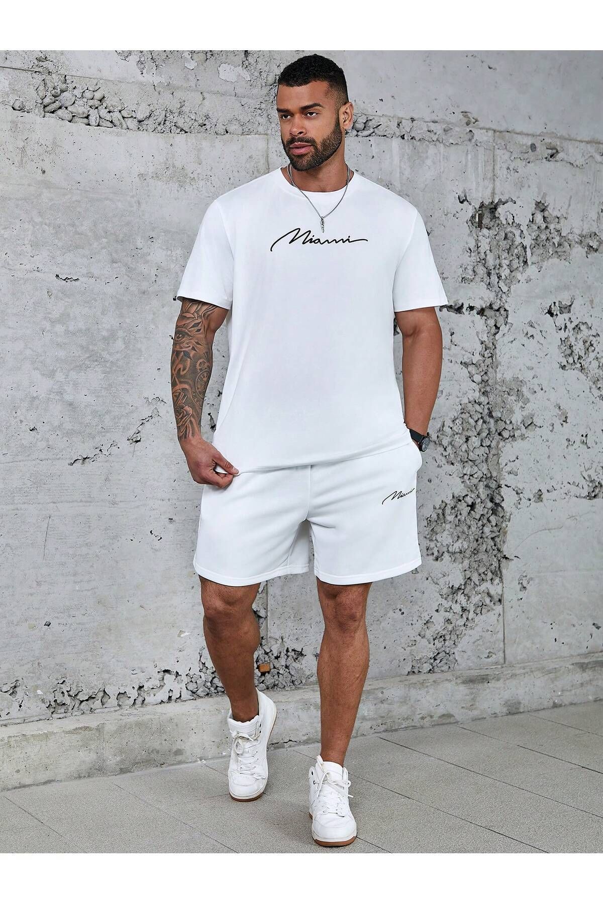 FoxSkin Sportswear&Company Miami Yazı T-Shirt Şort - Beyaz Alt Üst Takım Şort Tişört Kombin Baskılı Bisiklet Yaka
