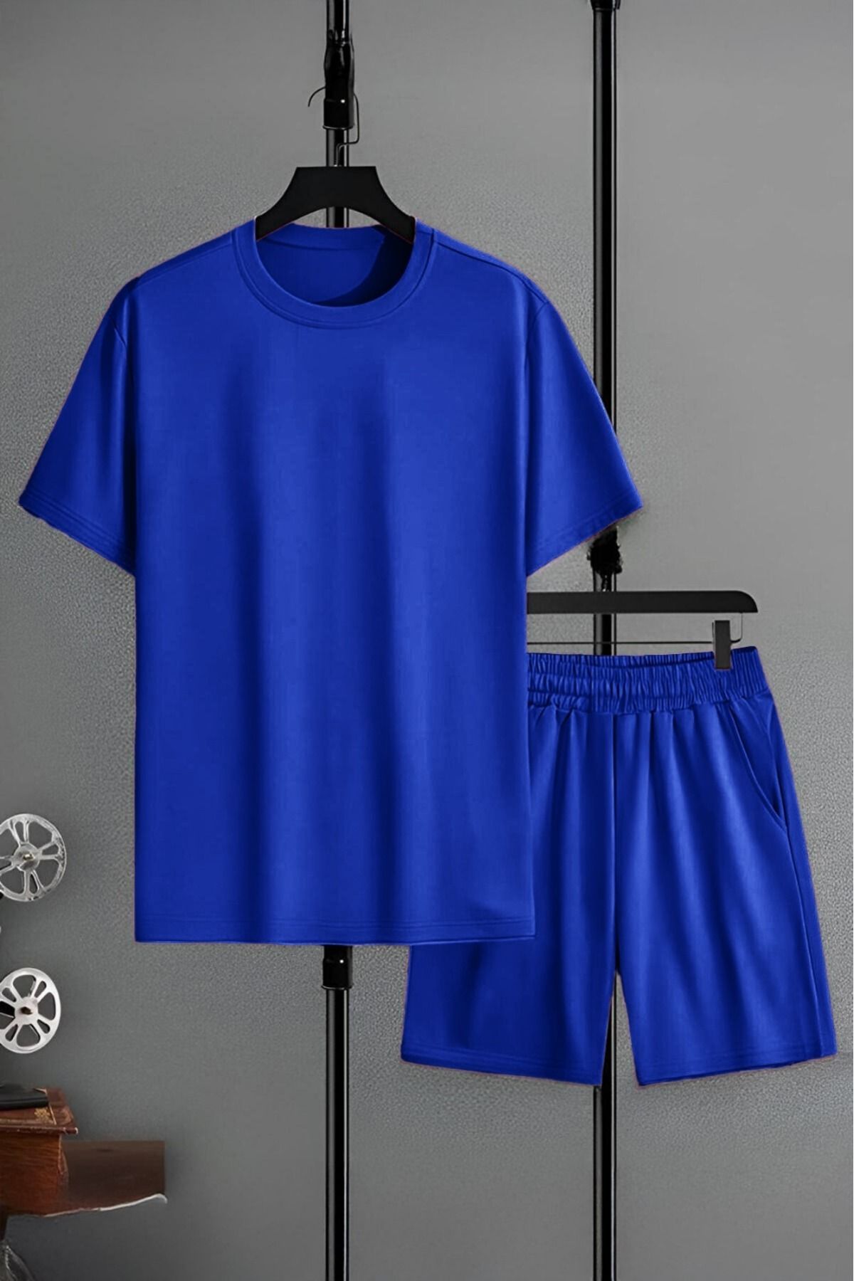 FoxSkin Sportswear&Company Sax Mavi Basic T-Shirt Şort - Alt Üst Takım Şort Tişört Kombin Bisiklet Yaka