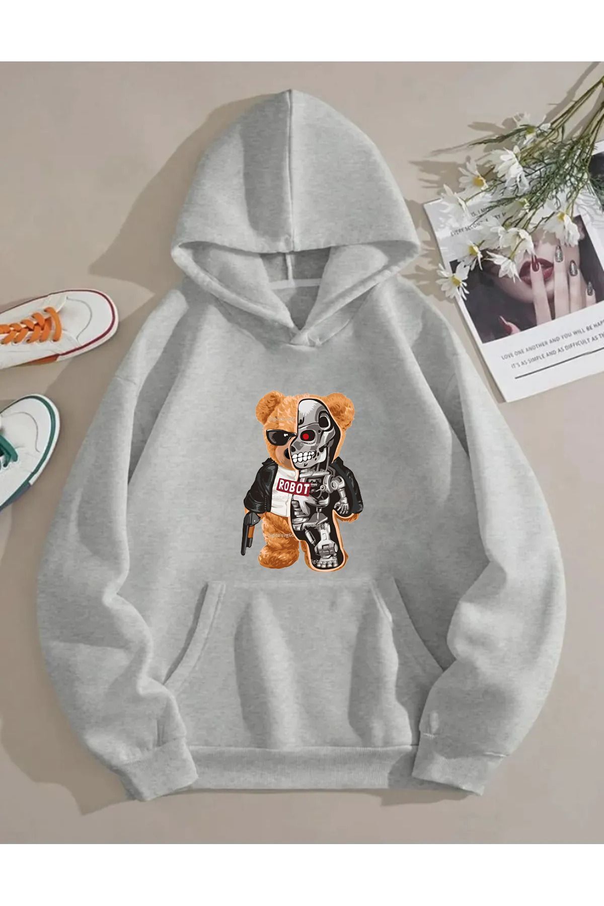 FoxSkin Sportswear&Company UNISEX ROBOT AYI Baskılı Kapüşonlu Oversıze Sweatshirt Hoodie