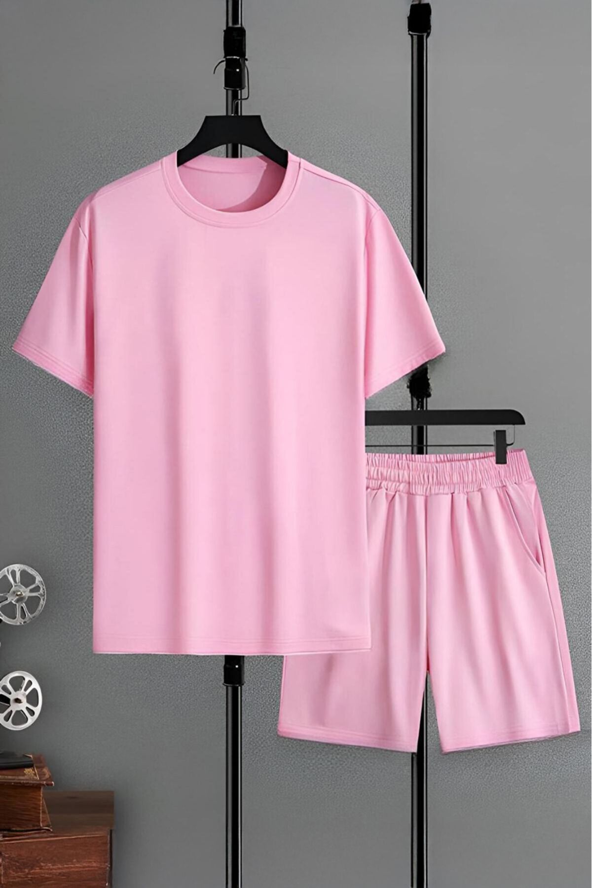 FoxSkin Sportswear&Company Pembe Basic T-Shirt Şort - Alt Üst Takım Şort Tişört Kombin Bisiklet Yaka
