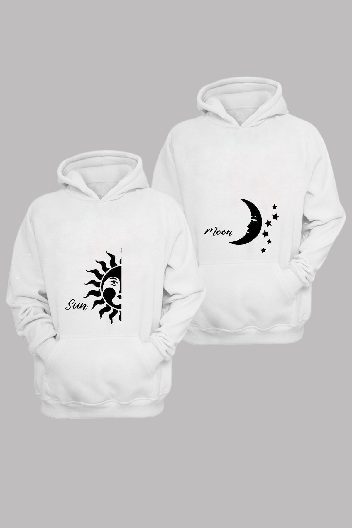 FoxSkin Sportswear&Company 2'Li Sun Moon Sevgili Kombin Sweatshirt - Beyaz Baskılı Oversize Şardonlu Kapüşonlu