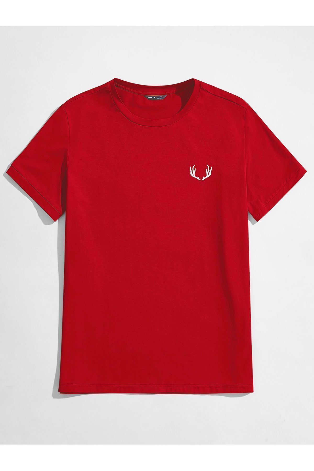 FoxSkin Sportswear&Company Geyik Logo Tişört - Kırmızı Baskılı Oversize Yazlık Kısa Kol T-Shirt Bisiklet Yaka