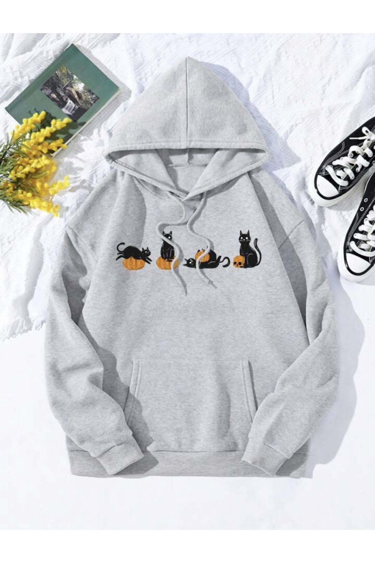 FoxSkin Sportswear&Company Kediler Baskılı Kapüşonlu Oversıze Sweatshirt Hoodie