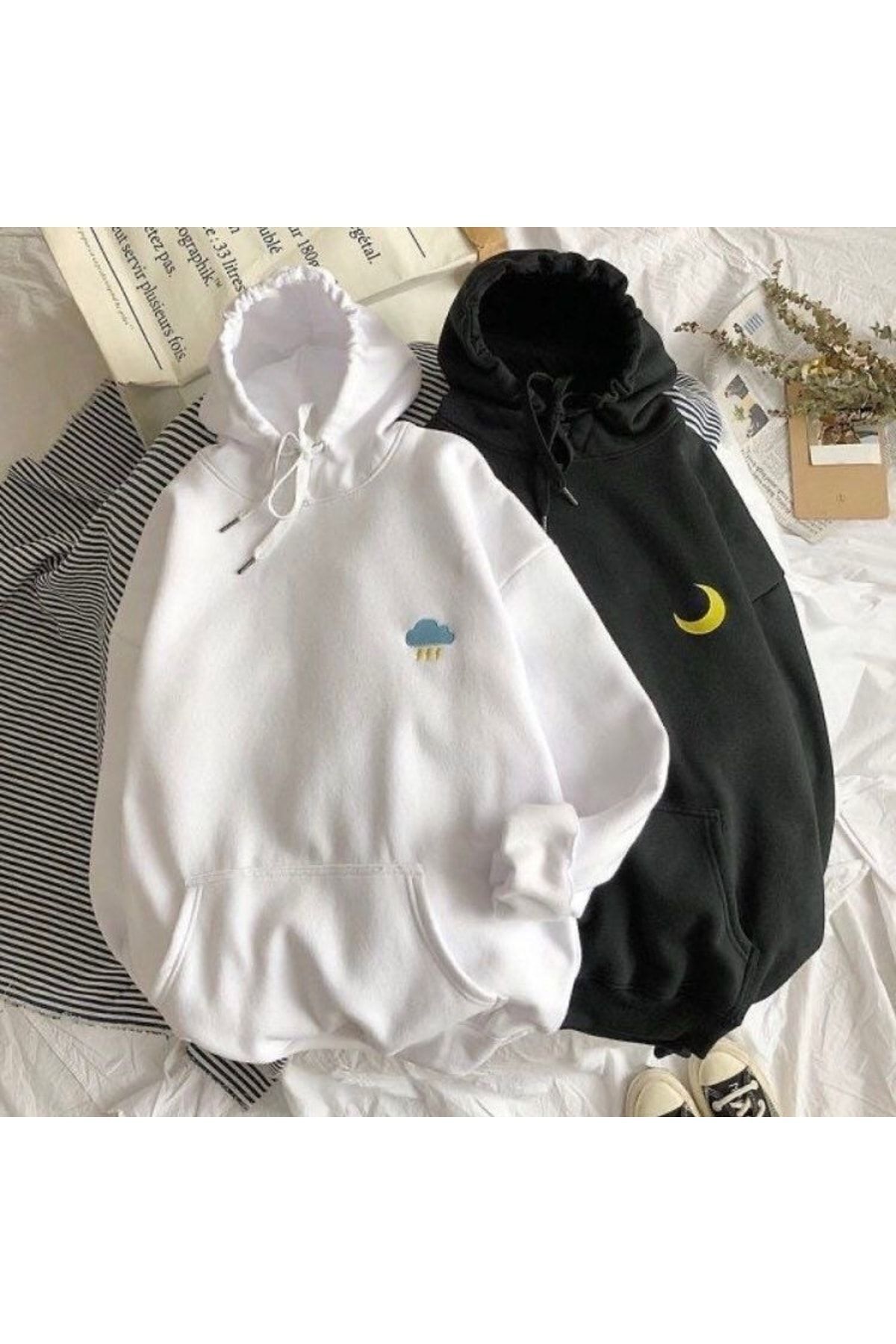 FoxSkin Sportswear&Company 2'Li Bulut Ay Sevgili Kombin Sweatshirt - Beyaz Siyah Baskılı Oversize Şardonlu Kapüşonlu