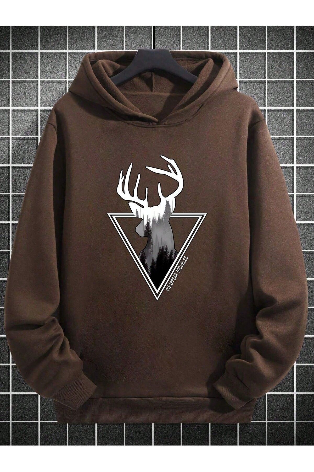 FoxSkin Sportswear&Company Geyik Tasarım Baskılı Kapüşonlu 2 iplik şardonlu Sweatshirt Hoodie