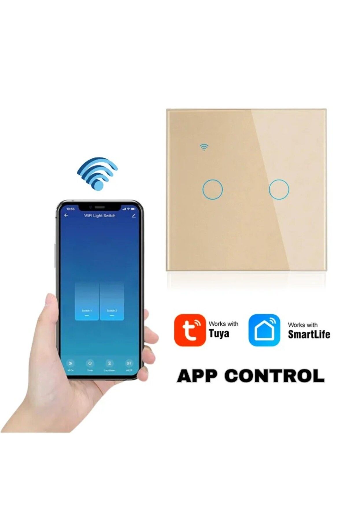 iUni-Întrerupător tactil inteligent, WiFi, Sticlă securizată, iUni 2G, 10A, Control vocal, Smart Life / Tuya, LED, Auriu 3