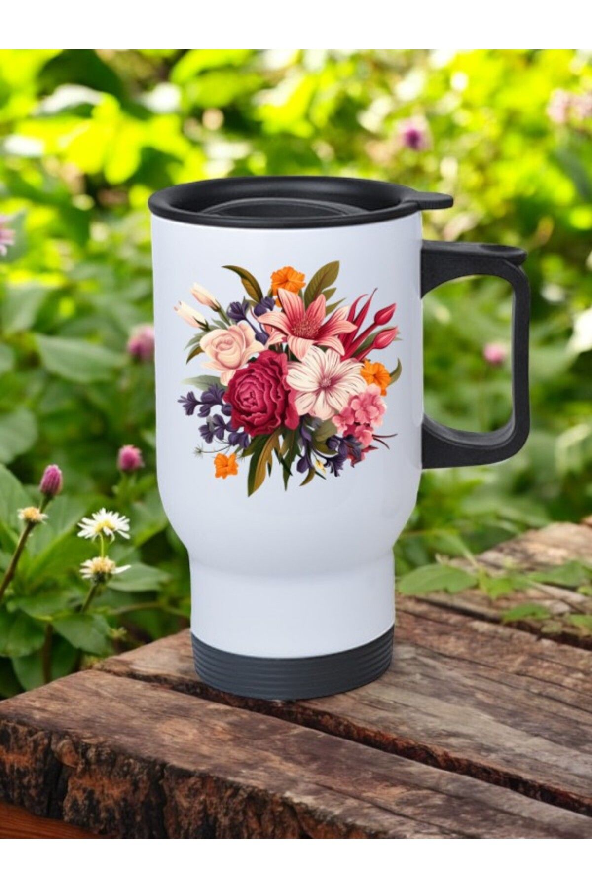 lili hediyelik Çiçek Baskılı Kulplu Çelik Bardak Termos 450 ml