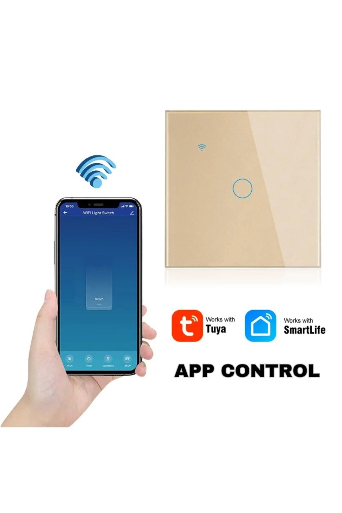 iUni-Întrerupător tactil inteligent, WiFi, Sticlă securizată, iUni 1G, 10A, Control vocal, Smart Life / Tuya, LED, Auriu 3